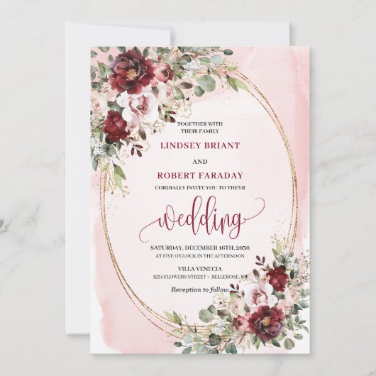 Rustic Boho Burgundy Blush Gold Floral Invitation Kaart (Voorkant)