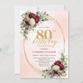 Rustic Boho Burgundy Floral 80th Birthday Invite Kaart (Voorkant)