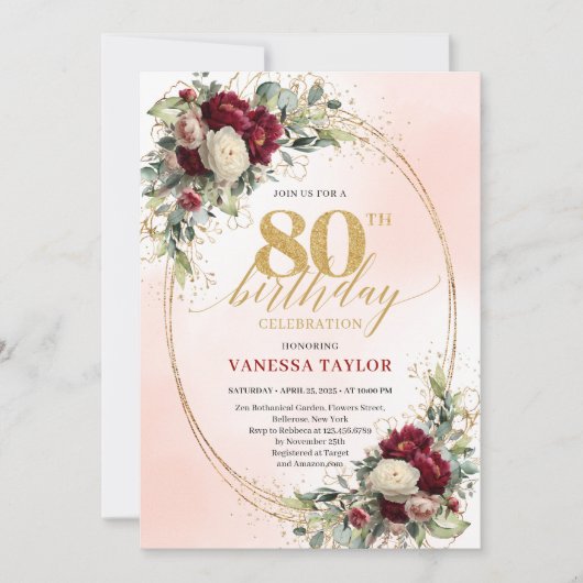 Rustic Boho Burgundy Floral 80th Birthday Invite Kaart (Voorkant)
