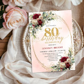 Rustic Boho Burgundy Floral 80th Birthday Invite Kaart