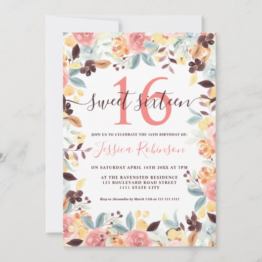 Rustic boho burgundy floral photoSweet 16 Kaart (Voorkant)