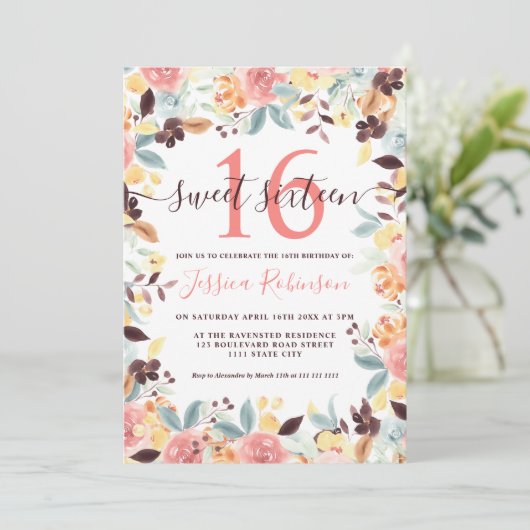 Rustic boho burgundy floral photoSweet 16 Kaart (Staand voorkant)