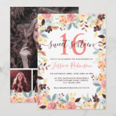 Rustic boho burgundy floral photoSweet 16 Kaart (Voorkant / Achterkant)