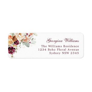 Rustic Boho Burgundy Oranje Floral Return Address Etiket