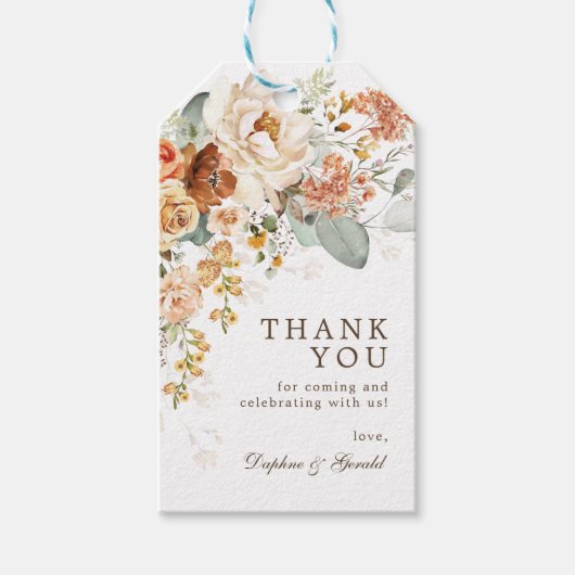 Rustic Boho Burnt Sinaasappel Floral Wedding Favor Cadeaulabel (Voorkant)