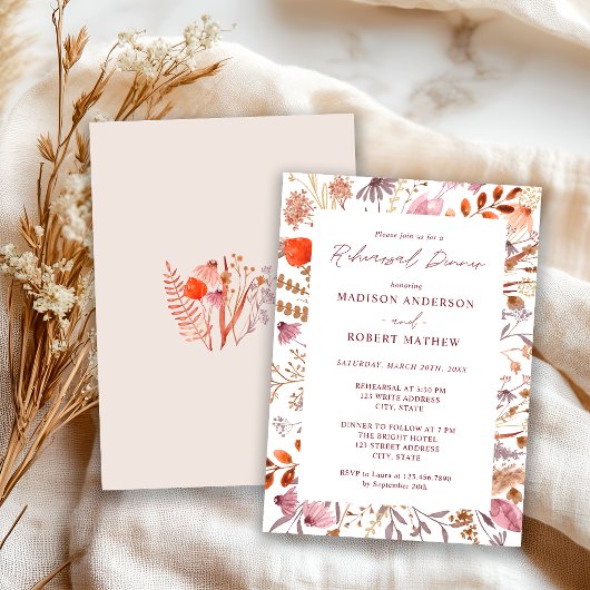 Rustic Boho Chic Bege Wildflowers Rehearsal Dinner Kaart