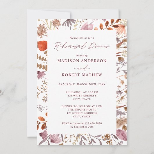 Rustic Boho Chic Bege Wildflowers Rehearsal Dinner Kaart (Voorkant)