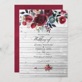 Rustic Boho Chic Burgundy and Navy Floral Wedding Kaart