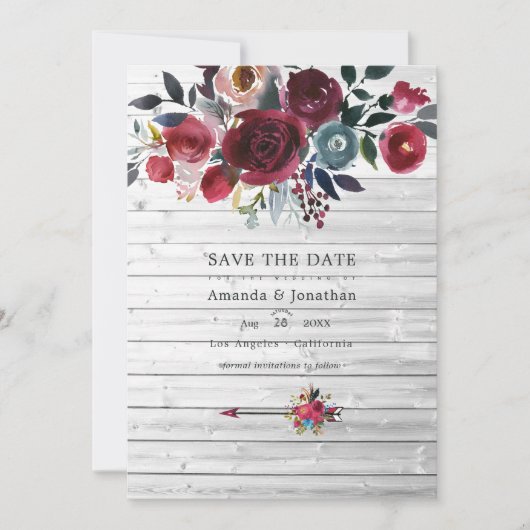 Rustic Boho Chic Burgundy and Navy Floral Wedding Save The Date (Voorkant)