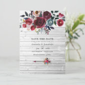 Rustic Boho Chic Burgundy and Navy Floral Wedding Save The Date (Staand voorkant)