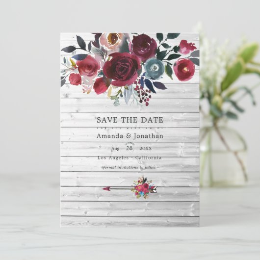 Rustic Boho Chic Burgundy and Navy Floral Wedding Save The Date (Staand voorkant)