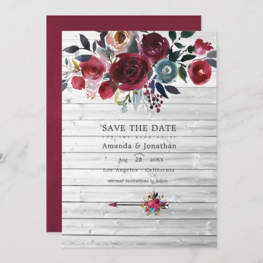 Rustic Boho Chic Burgundy and Navy Floral Wedding Save The Date (Voorkant / Achterkant)