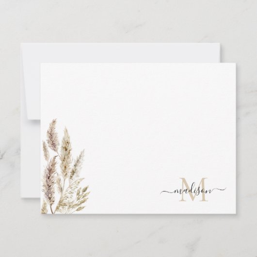 Rustic Boho Chic Pampas Grass Palm Leaves Monogram Notitiekaartje (Voorkant)