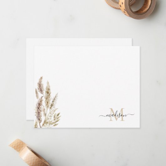 Rustic Boho Chic Pampas Grass Palm Leaves Monogram Notitiekaartje (Voorkant / Achterkant in situ)