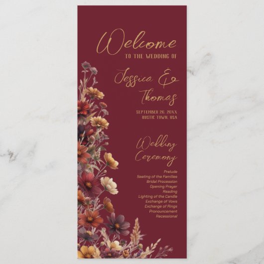 Rustic Boho Chic Wildflowers Burgundy Wedding Programmakaart (Voorkant)
