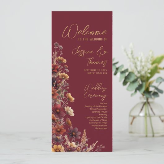 Rustic Boho Chic Wildflowers Burgundy Wedding Programmakaart (Staand voorkant)