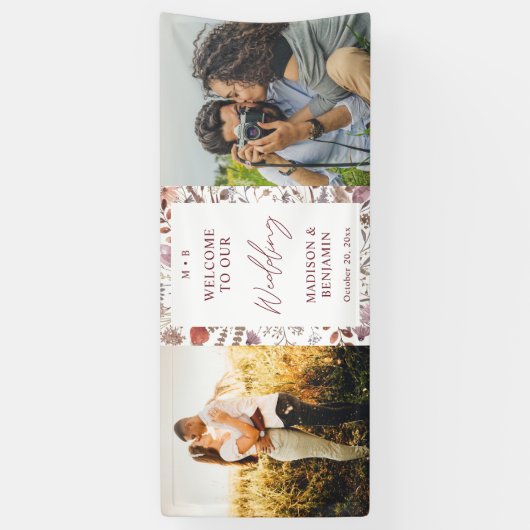 Rustic Boho Chic Wildflowers Photo Wedding Welcome Spandoek (Verticaal)