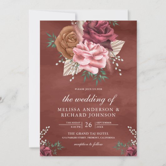 Rustic Boho Cinnamon Roos Earthy Floral Wedding Kaart (Voorkant)