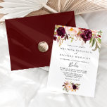 Rustic Boho Colorful Floral Spain Wedding Kaart<br><div class="desc">Deze prachtige,  kleurrijke Spaanse huwelijksuitnodiging is perfect voor een eenvoudige bruiloft. Het ontwerp is voorzien van roze,  paarse,  rode en bogundy waterverf pinda's die zich groepeert in elegante bouquets met groen bladeren,  die de natuur inspireren.</div>
