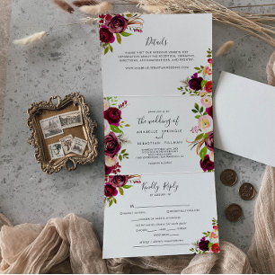 Rustic Boho Colorful Floral Wedding Drieluik Uitnodiging