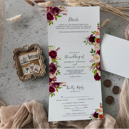 Rustic Boho Colorful Floral Wedding Drieluik Uitnodiging