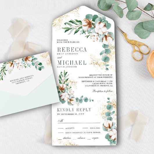 Rustic Boho Cotton Gold Eucalyptus Branch Wedding All In One Uitnodiging