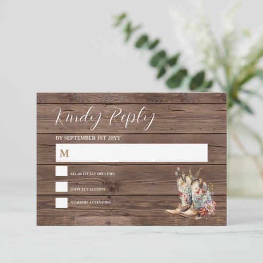 Rustic Boho Cowboy Boots Westerne bruiloft RSVP Kaartje (Staand voorkant)