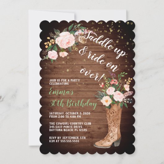 Rustic Boho Cowgirl Floral Boots Birthday Party Kaart (Voorkant)