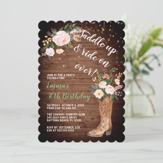 Rustic Boho Cowgirl Floral Boots Birthday Party Kaart (Staand voorkant)