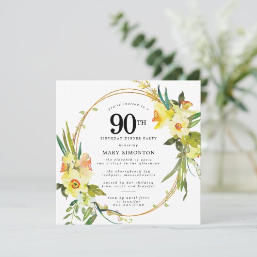 Rustic Boho Daffodil 90ste verjaardag Dinner Party Kaart (Staand voorkant)