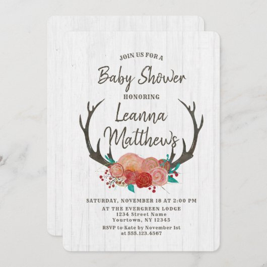 Rustic Boho Deer Antlers Baby shower Uitnodiging (Voorkant / Achterkant)