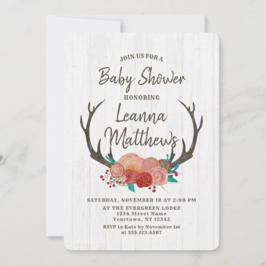 Rustic Boho Deer Antlers Baby shower Uitnodiging (Voorkant)