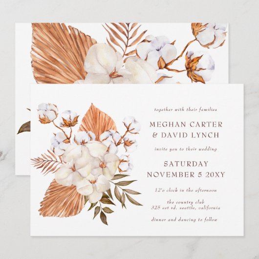 Rustic Boho Dried Palm Cotton Tropical Wedding Kaart (Voorkant / Achterkant)