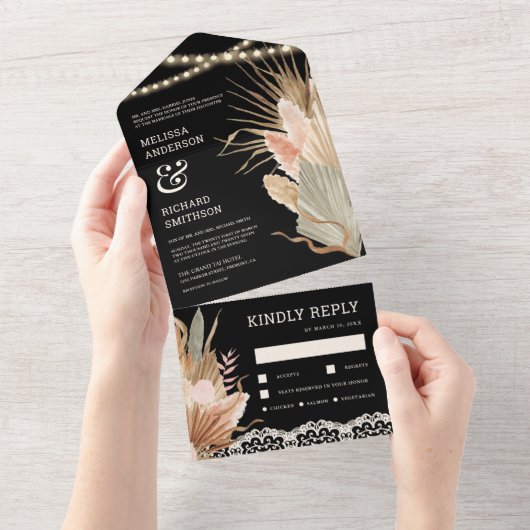 Rustic Boho Dried Palm Pampas Black Wedding All In One Uitnodiging (Afscheurbaar)
