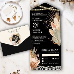 Rustic Boho Dried Palm Pampas Black Wedding All In One Uitnodiging