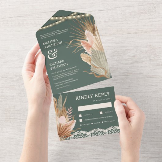 Rustic Boho Dried Palm Pampas Sage Green Wedding All In One Uitnodiging (Afscheurbaar)