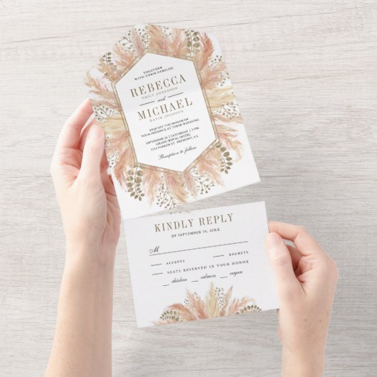 Rustic Boho Dried Pampas Grass Hex Lijst Wedding All In One Uitnodiging (Afscheurbaar)
