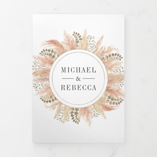 Rustic Boho Dried Pampas Grass Photo Wedding Drieluik Uitnodiging (Cover)