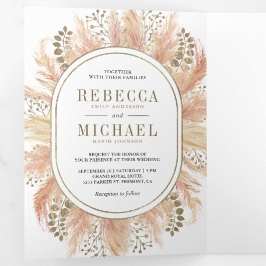 Rustic Boho Dried Pampas Grass Photo Wedding Drieluik Uitnodiging (Binnenzijde eerst)