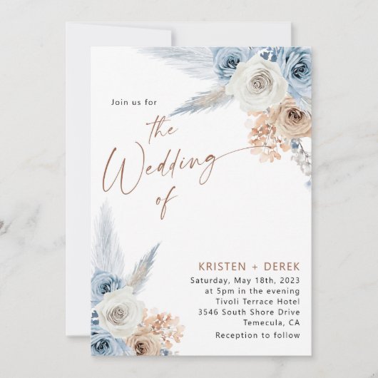 Rustic Boho Dusty Blue Floral Wedding Kaart (Voorkant)