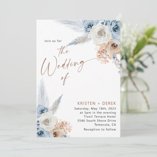 Rustic Boho Dusty Blue Floral Wedding Kaart (Staand voorkant)