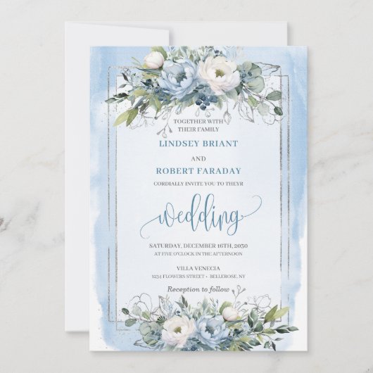 Rustic Boho Dusty Blue Silver Roses Wedding Invite Kaart (Voorkant)