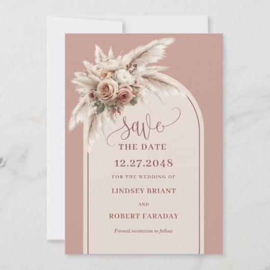 Rustic Boho Dusty Pink Arch Floral Save the Date Kaart (Voorkant)