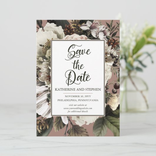 Rustic Boho Dusty Pink Floral Bouquet Save The Date (Staand voorkant)