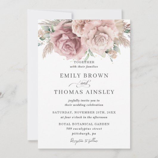 Rustic Boho Dusty Roos Blush Floral Pampas Wedding Kaart (Voorkant)