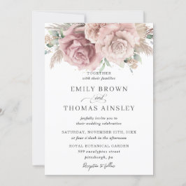 Rustic Boho Dusty Roos Blush Floral Pampas Wedding Kaart