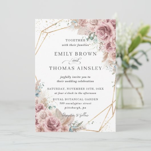 Rustic Boho Dusty Roos Blush Floral Pampas Wedding Kaart (Staand voorkant)