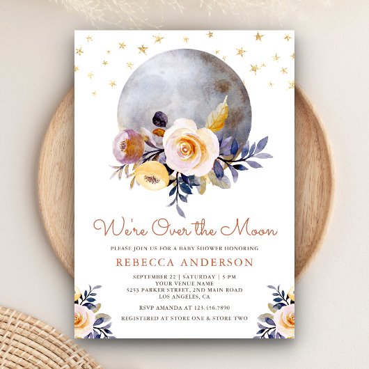 Rustic Boho Earthy Floral Moon Baby shower Kaart