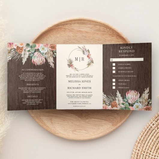 Rustic Boho Earthy Floral Pampas Barn Wood Wedding Drieluik Uitnodiging