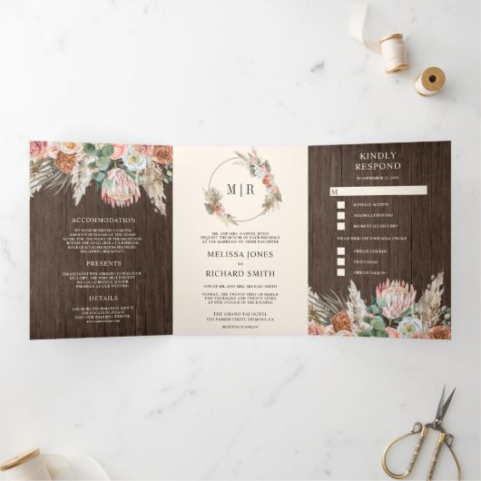 Rustic Boho Earthy Floral Pampas Barn Wood Wedding Drieluik Uitnodiging (Binnen)